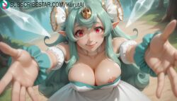 1girls ai_generated aiming_at_viewer aqua_hair artist_name artist_signature bare_shoulders barefoot beckoning blur_censor blurry blurry_foreground blush bokeh breasts chromatic_aberration cleavage collarbone depth_of_field dress fingers focused foot_focus foreshortening giving hands hi_res high_resolution highres in_palm incoming_attack incoming_food kurutai large_breasts leno_(maou_gakuin_no_futekigousha) long_hair looking_at_viewer maou_gakuin_no_futekigousha motion_blur nail_polish nipples one_breast_out open_hand outstretched_arm outstretched_arms outstretched_hand palms perspective photo_(medium) pointing pointing_at_viewer pointy_ears pov punching reaching reaching_out red_eyes ring smile spread_fingers subscribestar subscribestar_username the_misfit_of_demon_king_academy throwing uncensored very_long_hair wings