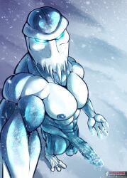 abs alien anthro bodily_fluids cold cum cum_covered_penis genital_fluids genitals glacius_(killer_instinct) glowing glowing_eyes hi_res humanoid_genitalia humanoid_penis ice iudicium86 killer_instinct male masturbation muscular nipples penis rareware selfie snow solo