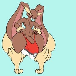 1:1 1boy abs absurd_res anthro artistorphy barely_contained big_bulge black_sclera bulge clothed clothing fur hair hair_over_eye hi_res hyper lagomorph long_ears lopunny male male_lopunny male_only male_pokemon mammal nintendo no_nipples open_mouth original_character paws pecs penis penis_outline pokémon_(species) pokemon pokemon_(species) pokemon_dppt pose red_eyes simple_background smile solo solo_male speedo swimwear thick_thighs timothy_vladislaus toes topless underwear video_games wide_hips