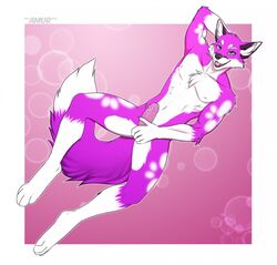 5_fingers amur anthro black_nose canid canine fox fur green_eyes hi_res male male_only mammal nude open_mouth penis pink_fur teeth tongue