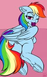 2019 absurd_res airfly-pony condom condom_in_mouth equid equine feathered_wings feathers female feral friendship_is_magic hi_res hooves looking_at_viewer mammal mouth_hold my_little_pony pterippus pussy rainbow_dash_(mlp) solo underhoof wings