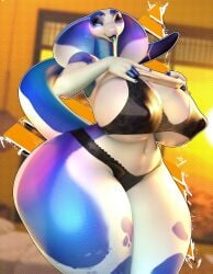 1girls 3d 3d_(artwork) anthro ass bed bedroom big_ass big_breasts big_nipples big_thighs blue_body blue_eyes blue_scales bra breasts erect_nipples female genitals gigantic_ass gigantic_breasts gigantic_thighs hi_res huge_ass huge_breasts huge_nipples huge_thighs hyper hyper_ass hyper_breasts hyper_thighs looking_at_viewer mechanicalstage nipples nipples_visible_through_clothing nisha_(bluedingo) open_mouth original panties reptile scales scalie snake snake_hood solo thick_thighs thighs tongue tongue_out two-white_body