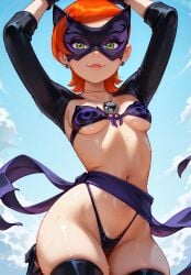 1girls ai_generated ben_10 breasts cat_mask dreamheat female green_eyes gwen_tennyson jumping latex looking_at_viewer lucky_girl mask masked_female red_hair revealing_clothes short_hair small_breasts smile solo superhero_costume superheroine sweat thong