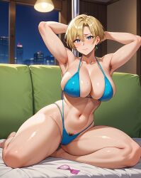 ai_generated armpit_hair armpits bikini blonde_hair blue_eyes breasts bulging_nipples cleavage embarrassed embarrassed_female female female_only hairy_armpits hands_behind_head huge_breasts huge_thighs knees looking_at_viewer nipple_bulge on_couch original_character pokerh posing posing_for_the_viewer pubes pubic_hair pussy pussy_visible_through_panties short_hair slim_waist thick_thighs thighs