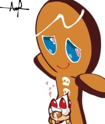 bodily_fluids cake_hound cookie cookie_(cookie_run) cookie_run cookie_run_kingdom cum cum_drip cum_on_penis digital_media_(artwork) dripping ejaculation english_text food food_creature food_humanoid genital_fluids genitals gingerbrave gingerbrave_(cookie_run) hi_res humanoid impaled_by_penis long_penis male male/male penis pleased potetos33 satisfaction selfie sex small_(disambiguation) smile standing tail text