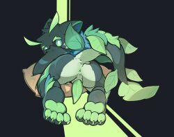 4_toes all_fours anthro anus black_background black_body dragon erection feet genitals green_anus green_eyes green_light green_pawpads green_penis hi_res jiangang kemono leaf light_through_crack looking_at_viewer looking_back looking_back_at_viewer male mythological_creature mythological_scalie mythology notvalidsky on_pillow pawpads penis pillow rear_view scalie simple_background solo tapering_penis toes