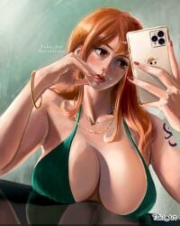 1girls 2d 2d_(artwork) 2d_artwork adult adult_female arm_tattoo armpit armpit_crease armpit_peek armpits big_breasts bikini bikini_only bikini_top blue_tattoo bracelet breasts busty busty_female busty_girl cleavage collarbone dangling_breasts digital digital_art digital_drawing digital_drawing_(artwork) digital_media digital_media_(artwork) drawing female female_focus female_only fingernails fingers ginger ginger_hair green_background green_bikini green_bikini_top green_swimsuit green_swimwear hairless_armpits halterneck hanging_breasts head_tilt high_resolution highres iphone large_boobs large_breasts lips lipstick long_hair mature mature_female nail_polish nails nami_(one_piece) necklace one_piece orange-eyed_female orange-haired_female orange_eyebrows orange_eyes orange_hair orange_hair_female post-timeskip red_fingernails red_lips red_lipstick red_nail_polish red_nails shaved_armpits shoulders shueisha simple_background solo string_bikini swimsuit swimwear tako_art tattoo tattoo_on_arm tattooed_arm tilted_head toei_animation upper_body weekly_shonen_jump white_background