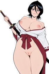 ai_generated bangs bare_shoulders black_hair bleach blue_eyes blush breasts cleavage closed_mouth collarbone cowboy_shot eyebrows_visible_through_hair female female_pubic_hair hair_between_eyes hakama hakama_skirt holding japanese_clothes kimono kuchiki_rukia large_breasts long_hair long_sleeves looking_at_viewer miko navel nipples no_panties pussy short_hair simple_background smile solo standing sword thighs uncensored waifu_judge weapon white_background wide_sleeves