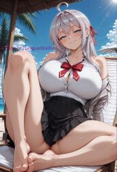 ahoge ai_generated alisa_mikhailovna_kujou alternate_body_type alternate_breast_size bare_legs bare_shoulders barefoot beach beach_chair big_thighs black_skirt blue_eyes blue_sky blush bow bowtie breasts button_gap chair child_bearing_hips cleavage cloud collarbone collared_shirt crossed_bangs curvaceous curves curvy curvy_body curvy_figure day earrings feet female glossy glossy_body grey_hair grin hair_ribbon hi_res high-waist_skirt high_resolution highres huge_breasts jacket jewelry knee_up large_breasts large_thighs leaguewaifus legs long_hair long_sleeves looking_at_viewer off_shoulder open_clothes open_jacket outdoors palm_tree parted_lips pleated_skirt red_bow red_bowtie red_ribbon ribbon school_uniform shiny_skin shirt shirt_tucked_in sitting skin_gloss skirt skull_crushing_thighs sky sleeveless sleeveless_shirt smile solo spread_legs stable_diffusion thick_thighs thighs thunder_thighs toenails toes tokidoki_bosotto_russian_de_dereru_tonari_no_alya-san tree umbrella voluptuous white_hair white_shirt wide_hips