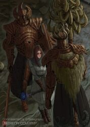1girls 2boys armor before_sex boots commission crucible_knight elden_ring fromsoftware iiimp imminent_rape imminent_sex mage red_hair shield spear surrounded sword tarnished tarnished_female