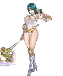 1girls axe big_breasts braided_hair circlet edit edited_official_artwork fire_emblem fire_emblem_heroes green_hair high_heels leotard maeshima_shigeki narutsu54 smile thick_legs thick_thighs thorr_(fire_emblem) yellow_eyes