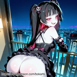 ai_generated ass_focus balcony black_dress black_hair blush bokarts city_lights explicit fangs female from_behind large_breasts long_hair maid_uniform night nipples nsfw patreon pov railing red_eyes skull_hair_accessories smile solo_focus twintails vampire wet_skin white_apron