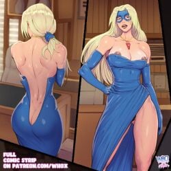 1girls ass ass_cleavage ass_crack blonde_blazer blonde_hair dispatch_(game) domino_mask dress female long_hair mask nipple_slip nipslip upskirt whox