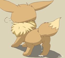 1girls all_fours anus ass big_ears breath brown_background brown_fur chest_tuft clitoris cum cum_drip cum_in_pussy cum_inside cum_on_ground dipstick_tail dripping eevee feet female female_only feral fluffy fluffy_tail fur furry heavy_breathing long_ears looking_away multicolored_tail nintendo nude pawpads paws pichu90 pink_pawpads pokémon_(species) pokemon pokemon_(species) pokemon_rgby pussy rear_view simple_background solo tan_fur text thick_thighs tuft video_games watermark