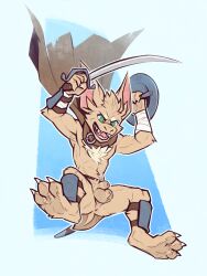 anthro anus arm_wraps armor ass balls bat bat_ears bat_tail bottomless bottomless_anthro bottomless_male buckler buyo_(artist) chest_tuft claws cloak clothed clothing desert_bat digital_media_(artwork) fur genitals greaves green_eyes hi_res holding_melee_weapon holding_object holding_sword holding_weapon humanoid_genitalia humanoid_penis jumping male mammal melee_weapon membrane_(anatomy) mostly_nude mostly_nude_anthro mostly_nude_male penis scimitar shield simple_background solo sword tail tan_body tan_fur teeth tuft turo_of_akesh vambrace weapon wingless_bat wraps