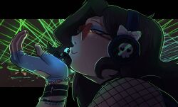 bracelets fishnet_armwear fishnets gentle_giantess giantess glowing glowing_eyes headphones heart_shaped_sunglasses kissing looking_at_partner looking_down looking_down_at_partner mrmoosegts rave white_gloves wrist_wrap wristwear yellow_eyes