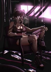 absurdres body_modification bondage commentary cyborg english_commentary female highres horror_(theme) hyena hyena_girl hyena_vtuber looking_at_viewer original ranillopa refmani shibari_over_clothes solo virtual_youtuber
