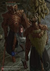1girls 2boys armor before_sex boots commission crucible_knight elden_ring fromsoftware hud iiimp imminent_rape imminent_sex mage red_hair shield spear surrounded sword tarnished tarnished_female user_interface