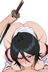 1boy ai_assisted ai_generated bangs bare_shoulders black_hair bleach blush breasts censored cleavage collarbone deep_blowjob deepthroat erection fellatio female hair_between_eyes handjob holding huge_breasts japanese_clothes katana kimono kuchiki_rukia large_breasts long_hair long_sleeves looking_at_viewer mosaic_censoring nipples off_shoulder oral paizuri penis pov pubic_hair purple_eyes sash short_hair simple_background solo_focus straight sword waifu_judge weapon white_background
