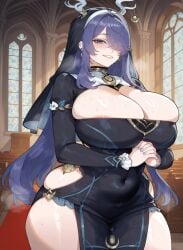1girls ai_generated alternate_breast_size big_ass big_breasts big_butt big_hips big_thighs blue_eyes blush boobaai breasts church church_interior covered_navel curvaceous curvaceous_female curvaceous_figure curvy curvy_figure deep_skin deer_girl dress elf_ears female female_focus flower flowers genshin_impact groping hair hair_between_eyes hair_ornament hands_together horn horns horns_girl horny horny_female hoyoverse huge_ass huge_breasts huge_butt huge_thighs large_ass large_breasts lauma_(genshin_impact) light-skinned_female light_skin lips long_hair mihoyo minidress nun nun's_habit nun_hat nun_outfit parted_lips pointy_ears purple_hair sexy short_clothing sweat taller_female toned_female toned_stomach voluptuous voluptuous_female wide_hips