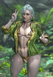 1boy 3d areolae bikini bikini_bottom bikini_top capcom clothed clothing erik_(monster_hunter_wilds) femboy femboy_only forest hagiwara_studio hair_ornament high_resolution highres jacket male male_only monster_hunter monster_hunter_wilds nipples short_hair solo solo_male tagme teasing white_hair