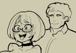 1boy ahe_gao bigfuckingfrog blush bob_cut choker e3 female glasses ikumi_nakamura line_art monochrome oekaki oerba_yun_fang original sketch smile sweat todd_howard tongue tongue_out