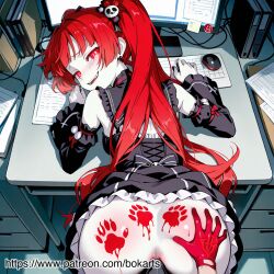 ahe_gao ai_generated ass_focus black_dress blush bokarts bulge_play computer explicit fangs female handprint large_breasts long_hair maid_uniform nsfw office on_desk patreon pov red_eyes red_hair red_handprint skull_hair_accessories solo_focus spank_marks spread_legs sweat sweatdrops twintails vampire wet_skin white_apron