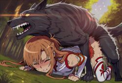 1boy 1girl afternoon ai_generated black_wolf blindcat113 canine canine_on_human cum cum_inside doggy_style dominant_feral female female_on_feral feral feral_on_female feral_on_human forced_bestiality forced_sex forced_zoophilia forest forest_background human_female human_on_feral long_hair loose_hair orange_hair outdoors raped raped_female sex sun sunlight sword_art_online vaginal_penetration wolf yuuki_asuna zoophilia