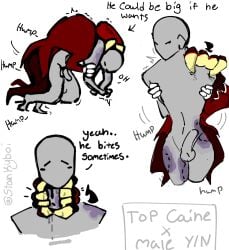 big_dom_small_sub bite bite_marks caine_(tadc) caine_(the_amazing_digital_circus) grinding male/male male_humping_male male_only size_difference small_dom_big_sub stankyboi(artist) y/n