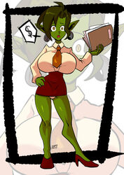 2019 big_breasts blouse breasts commission female female_only goblin goblin_female green_hair green_skin hand_on_hip high-waist_skirt hoop_earrings kukuruyo panties ponytail revealing_clothes short_skirt shortstack solo solo_female tie yellow_eyes