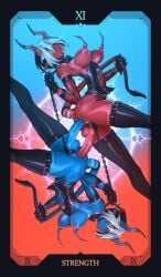 2girls black_gloves blue_eyes blue_skin breasts collar colored_skin commentary demon_girl demon_horns demon_tail english_commentary futa_with_futa futanari gloves highres horns large_breasts large_penis multiple_girls mutual_penetration navel nipple_piercing nipples one_eye_closed original penis piercing red_eyes red_skin short_hair spiked_chain strength_(tarot) symmetry tail tail_pull tailbox tarot testicles thick_thighs thighhighs thighs