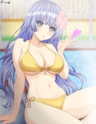 date_a_live izayoi_miku flinsnok 1girl bikini blush breasts flower grey_eyes hair_flower hair_ornament large_breasts long_hair looking_at_viewer pool poolside purple_hair sitting smile solo swimsuit yellow_bikini