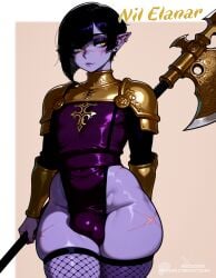 1boy ai_generated armor bulge dark_elf dark_skin drow elf femboy fishnets golden_eyes halberd male male_only nil_elanar_(oc) noctzurn penis pointy_ears purple_body scar solo warrior