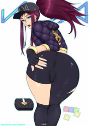 1girls akali alternate_costume ass breasts cameltoe cap clothed clothing female female_only gloves hair human k/da_akali k/da_series large_ass league_of_legends patreon pink_hair presenting presenting_hindquarters solo text thick_thighs tsuki_riven url video_games watermark wide_hips