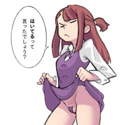 1girls akko_kagari annoyed atsuko_kagari bangs blunt_bangs bottomless_skirt brown_hair closed_eyes clothing dialogue eyes_closed female female_only flashing flat_chest fully_clothed highres japanese_text kagari_atsuko little_witch_academia long_hair long_sleeves maebari no_panties orenji pasties petite purple_skirt purple_vest school_uniform sexually_suggestive shirt short_ponytail sidelocks skirt skirt_lift solo speech_bubble standing text thighs tie uniform upskirt vest white_background white_shirt