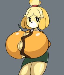 2018 animal_crossing anthro breasts canid canine canis domestic_dog female front_view fur furry huge_breasts hyper hyper_breasts isabelle_(animal_crossing) large_breasts looking_at_viewer mammal nintendo petronoise portrait shih_tzu simple_background skirt smile solo straining_buttons three-quarter_portrait toy_dog wardrobe_malfunction yellow_fur