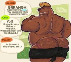 >:) animal_crossing anthro armor artist_name balls black_bottomwear black_clothing black_pants bottomwear brown_body brown_fur clothing cloud crococola detailed_background english_text eulipotyphlan fur genitals hairy hard_hat headgear helmet jockstrap male male_only mammal mole_(animal) mr._resetti musclegut muscular muscular_male nintendo pants pink_clothing pink_jockstrap pink_underwear simple_background solo speech_bubble text underwear yelling_at_another