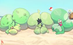 3girls amphibian amphibian_female amphibian_humanoid background_character beach beach_background beach_ball belly big_ass big_breasts big_butt big_thighs bubble_ass bubble_butt bun butt_digging digging_into_butt fisting_ass freckles freckles_on_ass frog glasses green_skin grill hand_on_ass hand_on_butt hops_(feelingdrowzy) huge_ass hyper_ass hyper_butt ibispaint_(artwork) ibispaintx kirk999 menacing_look nipples red_bun ribbit_(tadc) ribbit_(the_amazing_digital_circus) sand willow_(brawl_stars)