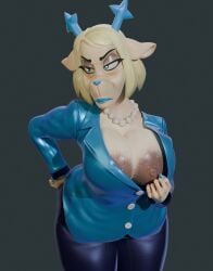 1girls 3d 3d_(artwork) areola_slip areolae big_breasts black_pants blonde_hair blue_eyes blue_lips blue_lipstick blue_nail_polish blue_nails blue_shirt bottomwear breast_focus breasts carol_holiday clothing deer deer_girl deltarune exposed_breast female female_only hair half-closed_eyes horns lips lipstick looking_to_the_side mature mature_female mature_woman milf mother mrstitchface nail_polish nails necklace neckwear nipples one_breast_out pants pearl_necklace presenting presenting_breasts shirt solo solo_female thighs topwear twilightv0ids_(modeler) undertale_(series)