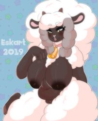 2019 :3 anthro anthrofied big_breasts blep bovid breasts caprine chubby cowbell eyelashes ezukapizumu female horizontal_pupils looking_at_viewer mammal nintendo pink_nose pokémon_(species) pokemon pokemon_(species) pokemon_ss pokemorph pussy sheep signature smile solo thick_thighs tongue tongue_out video_games wool wooloo