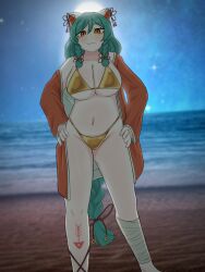 1girl 1girls :3 amber_eyes beach bikini cat_ears catgirl confusedsabron female golden_bikini green_hair hands_on_hips long_hair looking_at_viewer meme_attire mommy moon moonlight night night_sky omocat omori smile smiling smiling_at_viewer solo solo_female