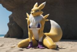 ai_generated anthro anthropomorphic beach beach_background beautiful big_breasts blue_eyes breasts digimon digimon_(species) female fluffy_tail fox fox_girl fur furry furry_only looking_at_viewer renamon renamon_(digimon) seductive seductive_look seductive_smile sexy sexy_body sexy_pose ying_yang_symbol