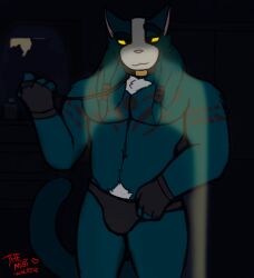 2021 absurd_res alien anthro avocato bara barazoku belt big_pecs black_underwear blue_body blue_fur bulge digital_drawing_(artwork) digital_media_(artwork) domestic_cat felid feline final_space fur furry gay hairy_chest inminent_sex long_hair looking_at_viewer male male/male mammal muscles muscular muscular_male pecs room smile smiling smiling_at_viewer tattoo the_mist_walker underwear ventrexian yellow_eyes