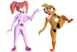 2019 3d absurd_res animatronic anthro baby_(fnafsl) big_breasts blush breasts chica_(fnaf) circus_baby circus_baby_(fnaf) duo female five_nights_at_freddy's five_nights_at_freddy's:_sister_location green_eyes hair hi_res humanoid jailbait_knight looking_at_viewer machine nipples nude open_mouth pussy pussy_juice robot scottgames sister_location smile thebunwiththescarf video_games white_background