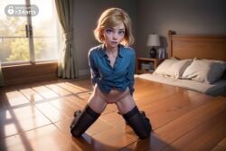 1girls aged_up ai_generated arms_behind_back artist_name bed bedroom black_thighhighs blonde_hair blue_eyes blue_shirt blurry blurry_background bottomless collarbone curtains full_body hi_res indoors inside_out inside_out_2 kneeling lamp lips long_sleeves looking_at_viewer navel on_bed open_mouth partially_unbuttoned pillow pussy r34arts riley_andersen shirt short_hair small_breasts solo swept_bangs thighhighs uncensored window wooden_floor young younger_female