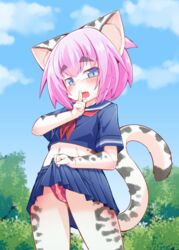 2019 4_fingers anthro black_spots blue_eyes blue_sky bottomwear clothing clothing_lift crotchless_panties domestic_cat felid feline felis female front_view fur hair hi_res kemono lingerie looking_at_viewer low-angle_view mammal navel open_mouth outside panties pink_hair portrait pussy school_uniform short_hair shush skirt skirt_lift sky solo spots spotted_fur standing three-quarter_portrait underwear uniform upskirt white_fur young yukiharu_nyawate