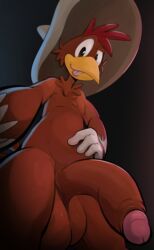 anthro avian balls big_penis bird chicken disney flaccid foreskin jerseydevil long_penis male male_only nude panchito_pistoles penis red_body red_feathers solo sombrero the_three_caballeros tongue_out uncut