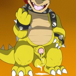 1:1 balls bowser claws cum cum_drip cum_on_balls cum_on_ground digital_media_(artwork) dragon dripping erection foreskin foxx.dott hair hi_res humanoid humanoid_penis koopa long_tail male male_only mario_(series) nintendo nude open_mouth penis precum scalie simple_background smile solo spikes tongue video_games