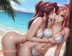 2girls ai_generated beach bikini breast_apart breast_grab breast_squish breasts curvaceous female flay_allster grabbing grabbing_from_behind grope groping groping_breasts gundam gundam_seed happy hugging kissing lacus_clyne lazykiller07 light-skinned_female light_skin looking_at_viewer midriff navel perfect_body pinkhair redhair romantic seductive seductive_look slim_waist smooth_skin thick_thighs thighs voluptuous voluptuous_female wide_hips yuri