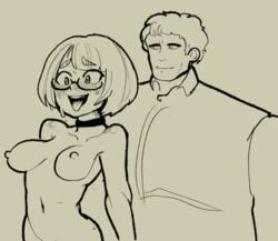 1boy ahe_gao bigfuckingfrog blush bob_cut breasts choker female glasses ikumi_nakamura male monochrome nipples nude sketch smile todd_howard tongue tongue_out wide_shoulders